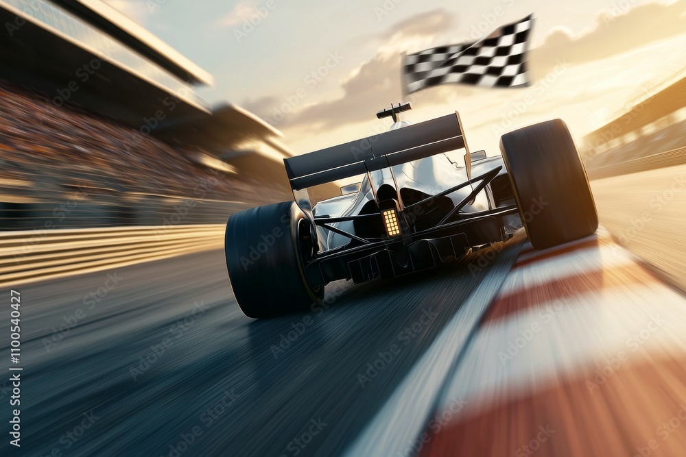 Poster a race car is speeding down a track with a checkered flag in the air
