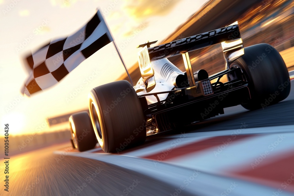 Aufkleber a race car is speeding down a track with a checkered flag in the back