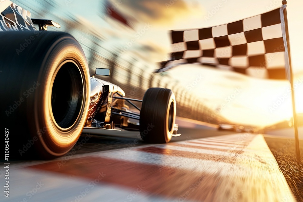 Aufkleber a race car is speeding down a track with a checkered flag in the background