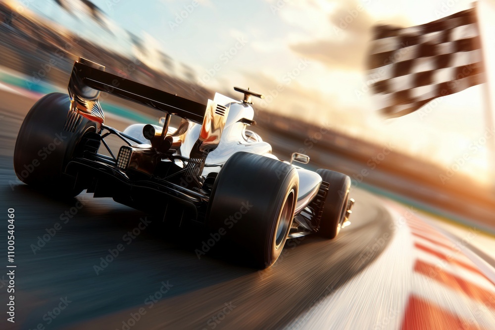 Aufkleber a race car is speeding down a track with a checkered flag in the background