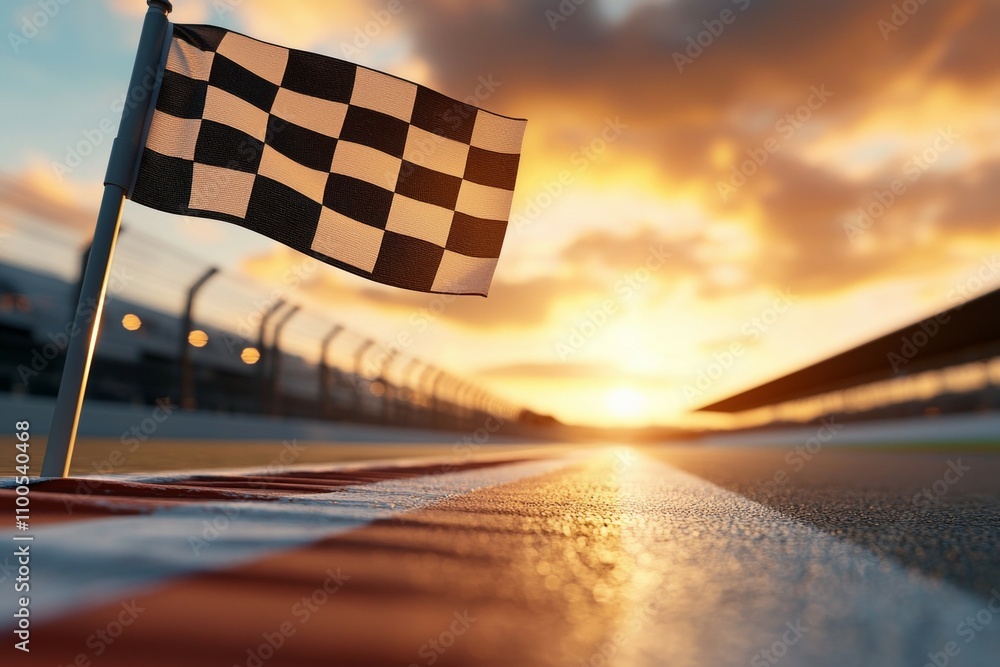 Poster a checkered flag is on a pole in front of a race track