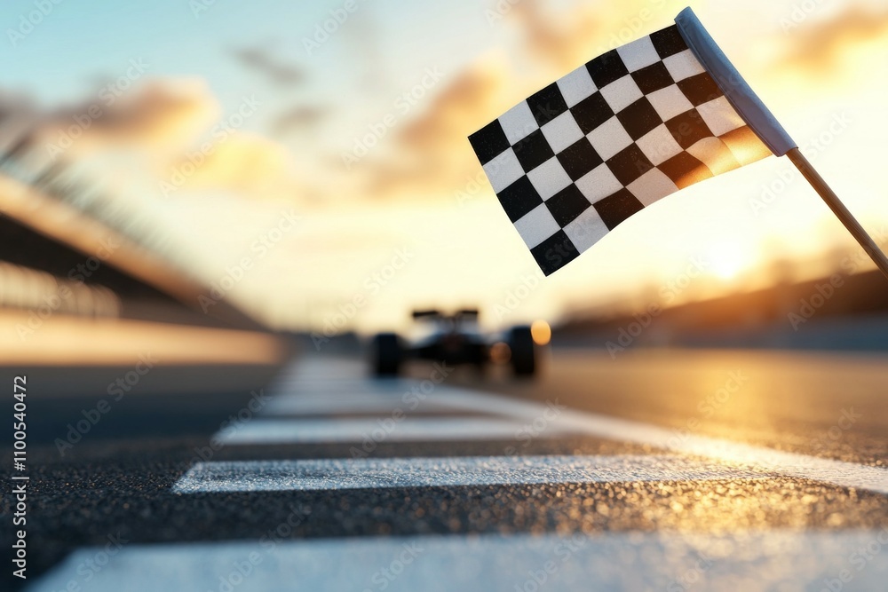 Poster a checkered flag is on a road with a race car in the background