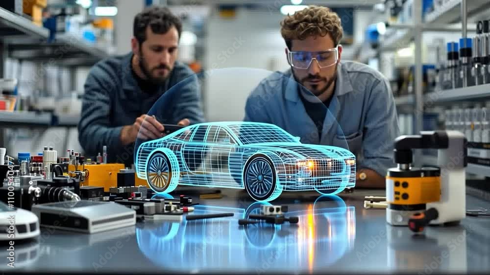 Poster engineers working on a holographic car model in a high-tech workshop environment
