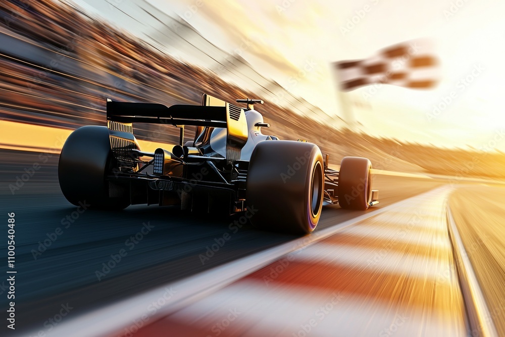 Aufkleber a race car is speeding down a track with a checkered flag in the background