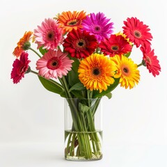 Fototapeta premium Colorful gerbera bouquet standing in glass vase on white background, celebrating spring colors and floral beauty