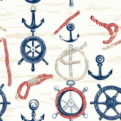 Nautical Pattern with Anchors, Ropes, and Steering Wheels