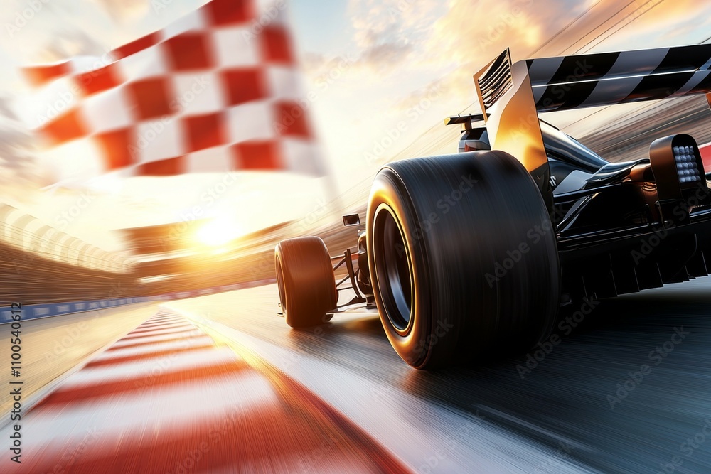 Aufkleber a race car is speeding down a track with a checkered flag in the background