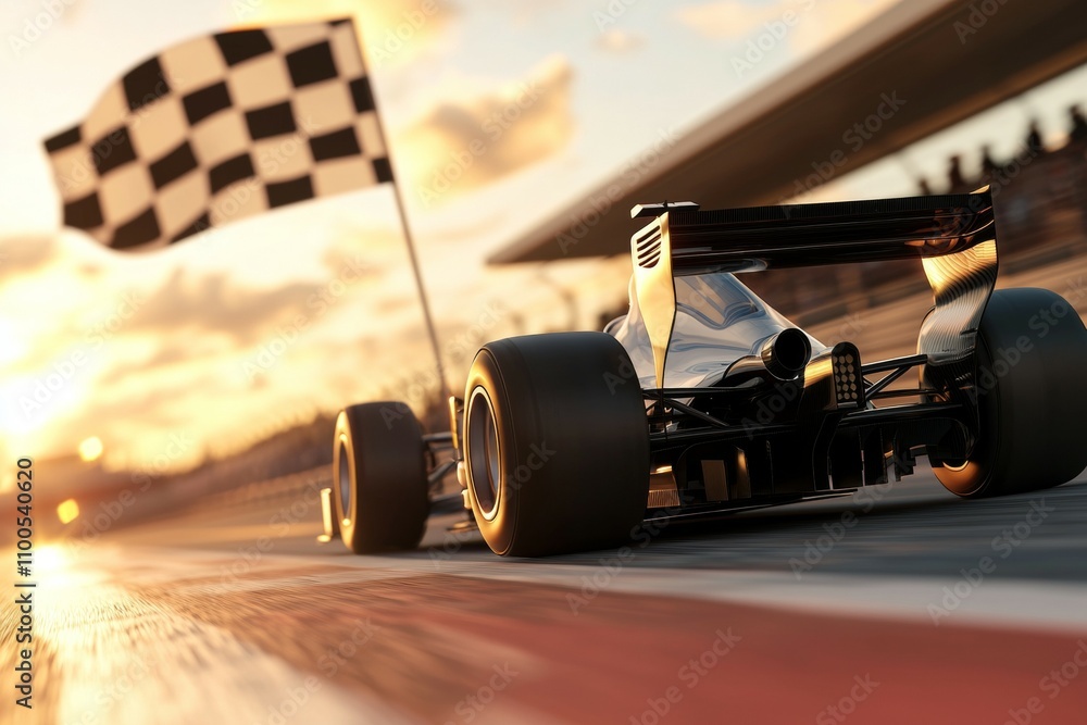 Aufkleber a race car is speeding down a track with a checkered flag in the background