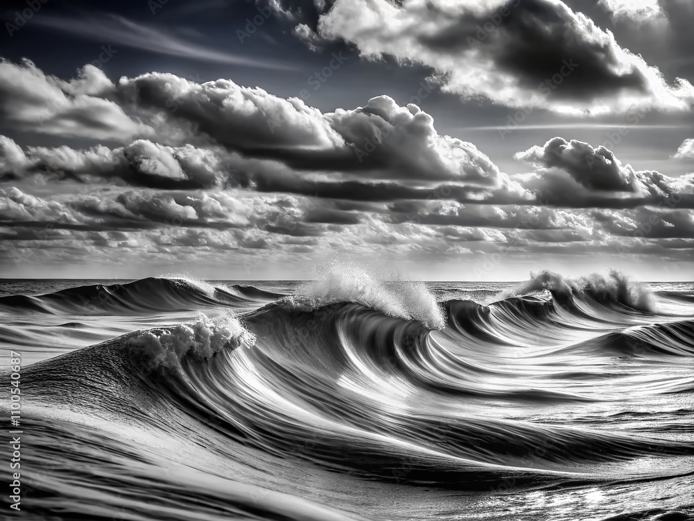 Poster abstract black and white landscape with flowing waves creating a serene and calming atmosphere for m