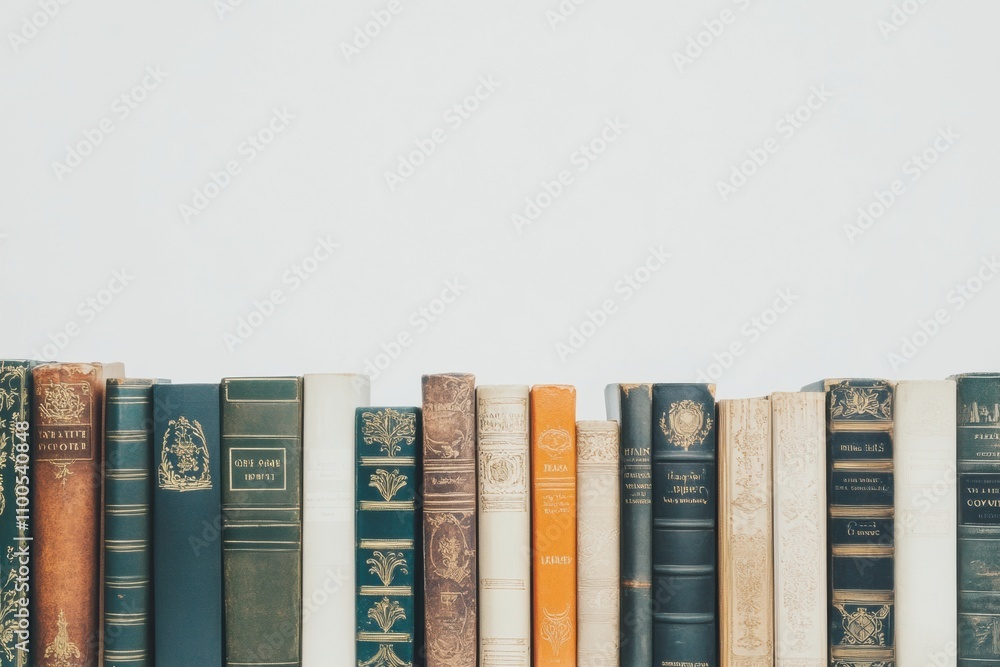 Poster A collection of books from different genres stands in a row against a white background, highlighting their colorful spines and intricate details. Generative AI