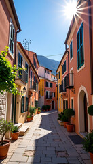 Sunny Mediterranean village street pastel orange peach buildings summer holiday vacation 
