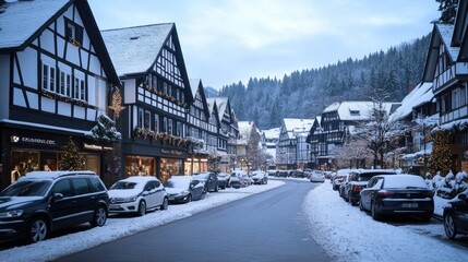 Fototapeta premium A quaint village features snow-covered buildings and decorated storefronts. Cars line the street, while snowflakes gently fall amid a serene winter evening atmosphere