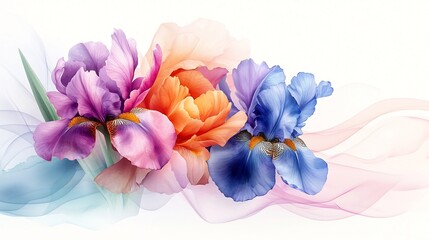 Vibrant Watercolor Bouquet of Irises and Peonies in Soft Morning Light on Pastel Gradient Background