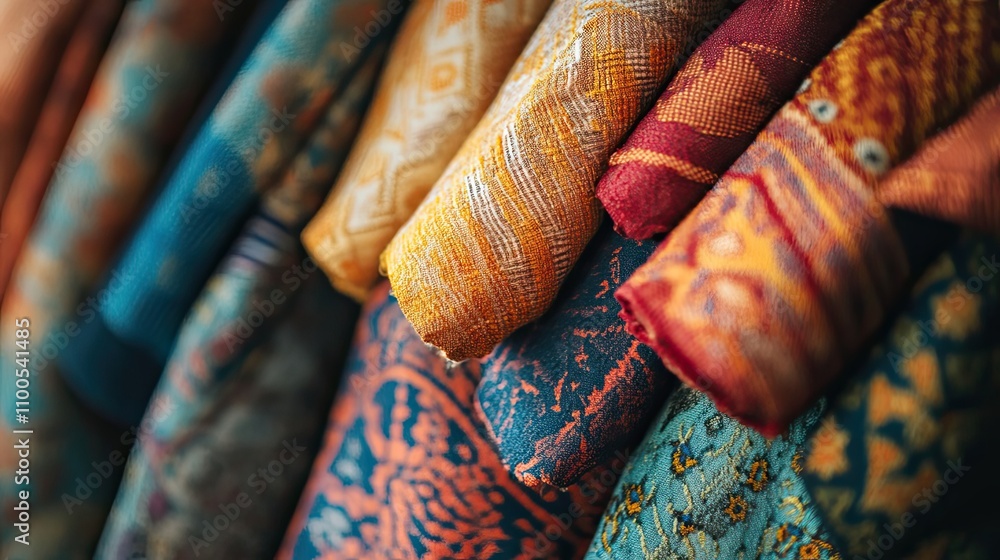 Poster close-up of colorful fabric with intricate patterns