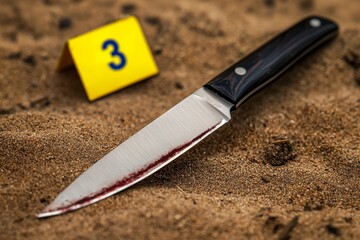 A knife is laying on the sand next to a yellow police tape with the number 3 on