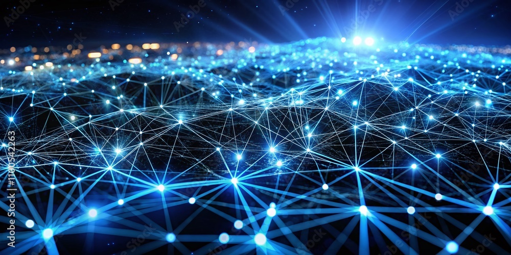 Poster abstract cyber network with modern digital connections in low light, featuring slow-moving lines acr
