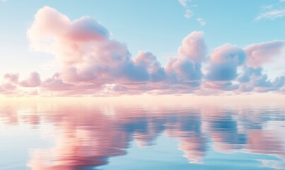 Obraz premium Soft pink and blue clouds floating above a tranquil sea at sunset, blending harmoniously with the water