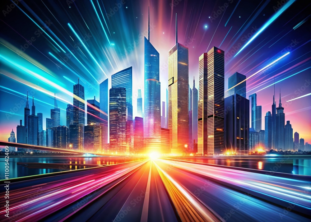 Poster abstract digital art depicting a dynamic futuristic urban skyline in motion with copy space for crea