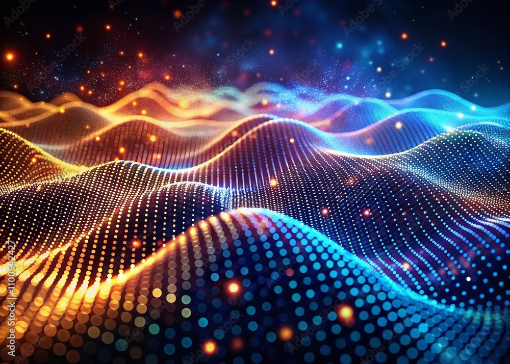 Poster Abstract Digital Background with Futuristic Waves of Dots and Weave Lines, Showcasing Digital Technology Concepts in 3D Rendering for Modern Visuals and Design Projects