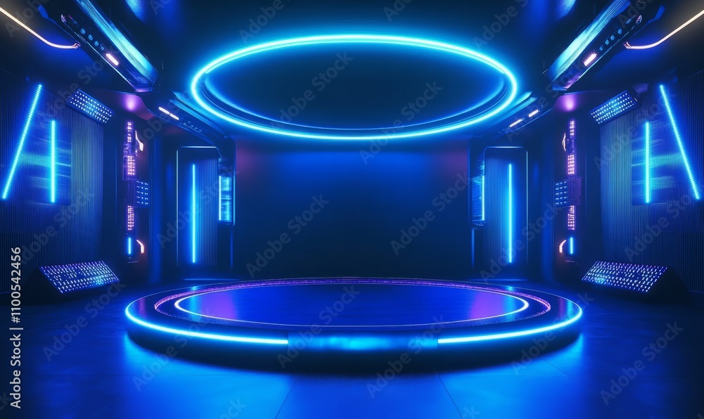 Poster stage design with a circular led screen, a large stage for a tv show. the modern virtual background 