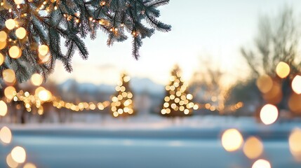   A clear picture of a Christmas tree with lights in the foreground and focused trees in the background