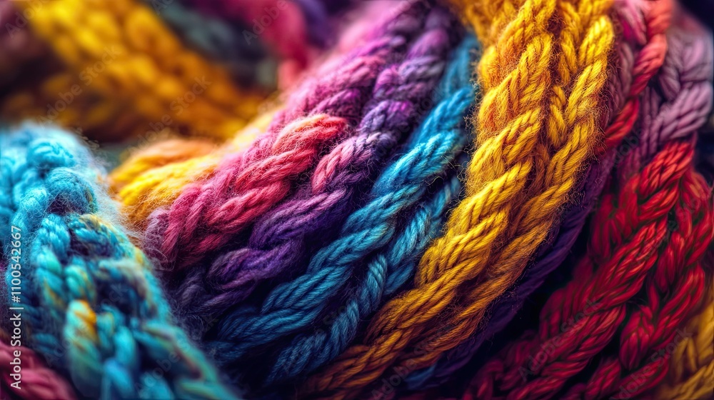 Poster close-up of multicolored yarn intertwined in a soft and fuzzy texture