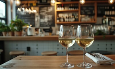 Two glasses containing white wine are placed on a wooden table top, in the background is a stylish restaurant counter