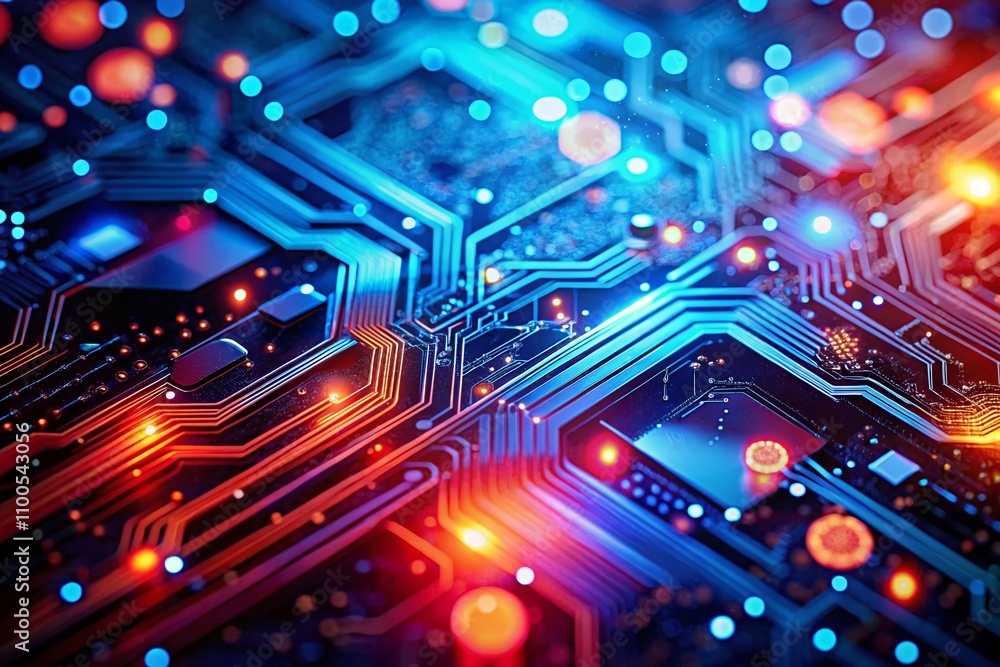 Poster abstract futuristic electronic circuit technology with bokeh effect in blue and red background for i