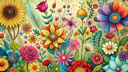 Fototapeta premium Abstract Floral Print Illustration Template Set - Creative Contemporary Art Flower Collage Poster Design with Vintage Organic Hand-Drawn Nature Doodles and Spring Cartoon Elements