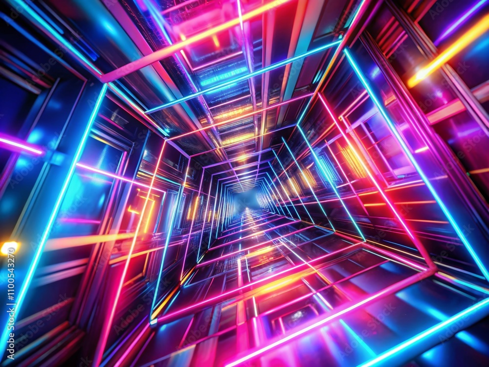 Poster abstract geometric background with rotating squares and fluorescent neons in a spinning tunnel - vib