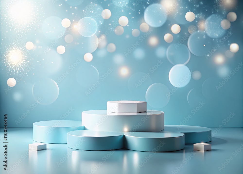 Poster abstract geometric podium for product display with bokeh effect on blue background, 3d render for mo