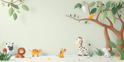 Adorable baby jungle animals in a cute children's invitation style with lots of empty space on a kids nursery background, nursery, jungle