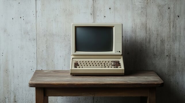An outdated PC resting on an old wooden table against a concrete wall.