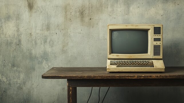 An outdated PC resting on an old wooden table against a concrete wall.