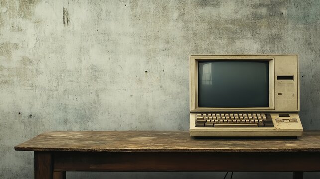 An outdated PC resting on an old wooden table against a concrete wall.