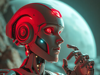 A vibrant robotic human in a 3D rendering style with dramatic lighting in a alien planet, showing a person thinking.