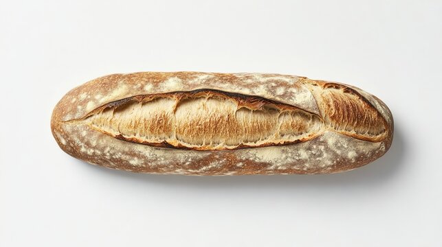 An overhead picture of an artisanal sourdough baquette on a light surface.