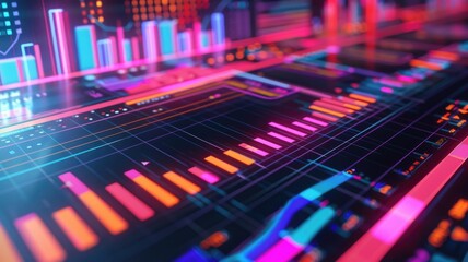 Vibrant financial data analysis on digital screen with neon graphs