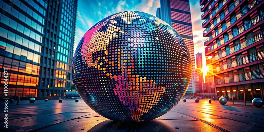 Poster abstract halftone dots globe design capturing urban exploration elements and textures in a contempor