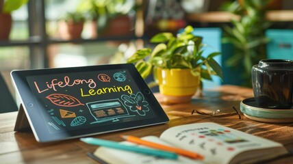 Lifelong learning: tablet display in bright home office with plants and notebook