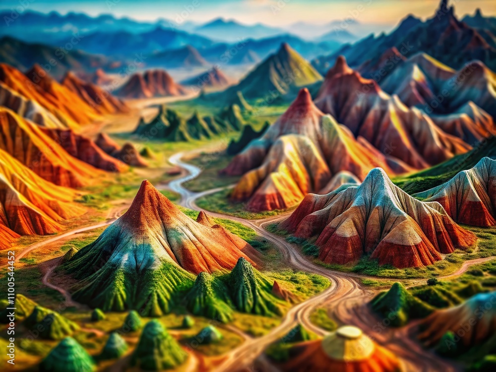 Poster abstract isometric landscape featuring tilt-shift photography of mountains and topographic elements 