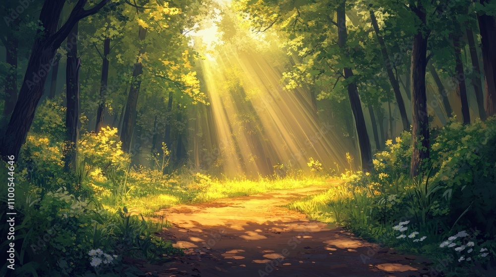 Poster sunbeams illuminate a forest path through lush green trees