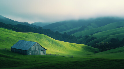 Beautifully weathered New Zealand timber barn, nestled in a lush green valley with rolling hills 