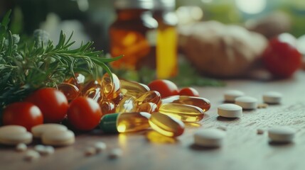 Vitamin Supplements and Organic Herbs on a Tabletop