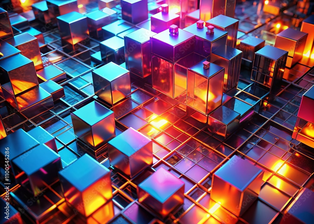 Poster abstract modern background with 3d cubes and squares in a cyberpunk atmosphere with fiery lighting f