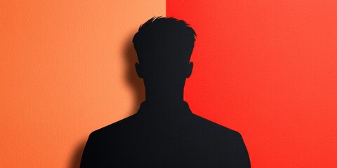 A silhouette against contrasting orange and red backgrounds, creating a striking visual effect that emphasizes the figure's outline.