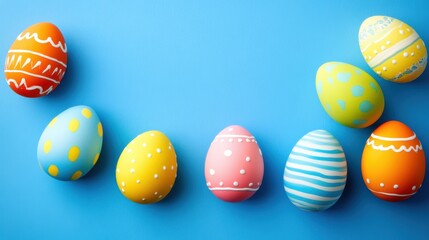 Fototapeta premium Vibrant Easter Eggs with Diverse Patterns on a Blue Background 