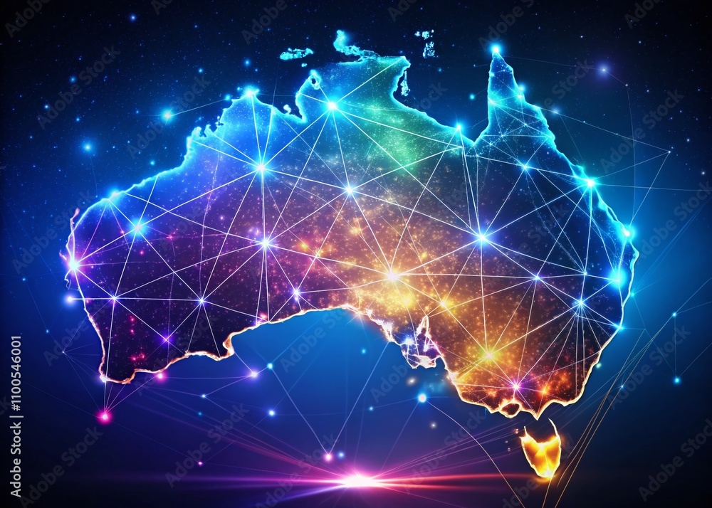 Aufkleber abstract panoramic photography of australia connectivity map outline with stars and lines, showcasin