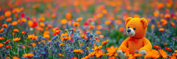 Obraz premium Blue teddy bear surrounded by orange and red flowers in a bright orange field, red, nature