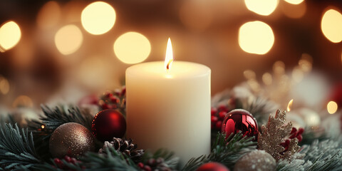 A warm  image of a lit candle surrounded by festive Christmas decorations.